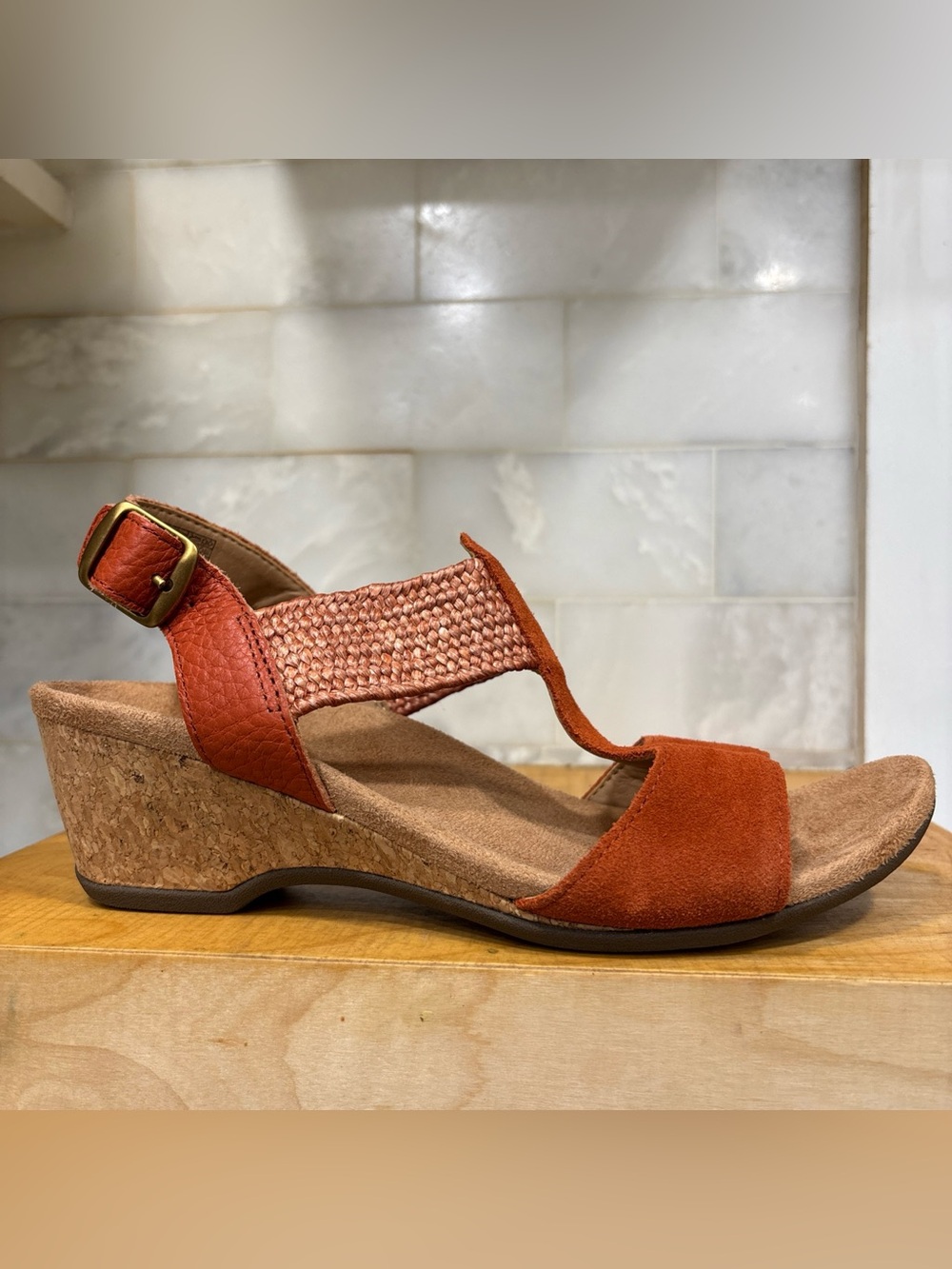 Vionic Rust Orange Wedge Sandal with Braided Strap